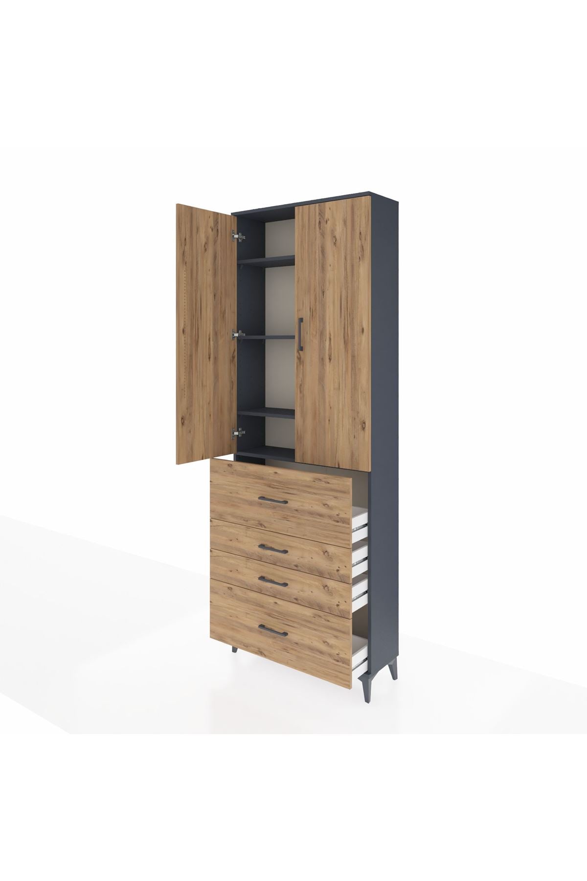 Arges Dolap 4 Raflı 4 Çekmeceli 2 Kapaklı 88x30x243 Antrasit-Çam