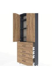 Arges Dolap 4 Raflı 4 Çekmeceli 2 Kapaklı 88x30x243 Antrasit-Çam