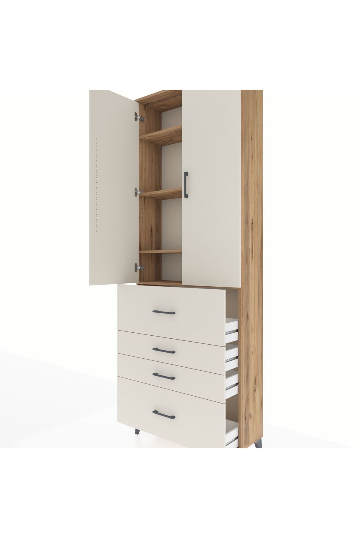 Arges Dolap 4 Raflı 4 Çekmeceli 2 Kapaklı 88x30x243 Çam-Aytaşı