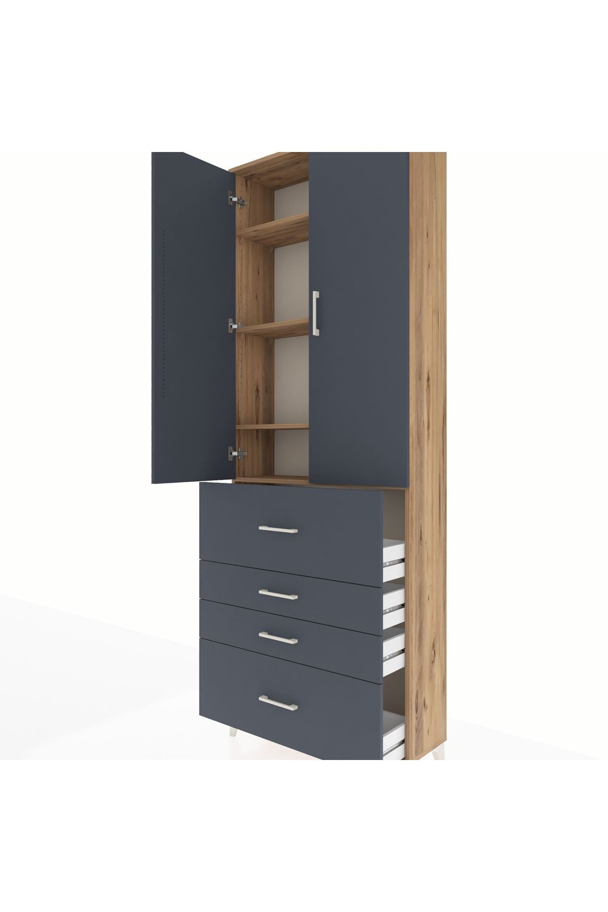 Arges Dolap 4 Raflı 4 Çekmeceli 2 Kapaklı 88x30x243 Çam-Antrasit