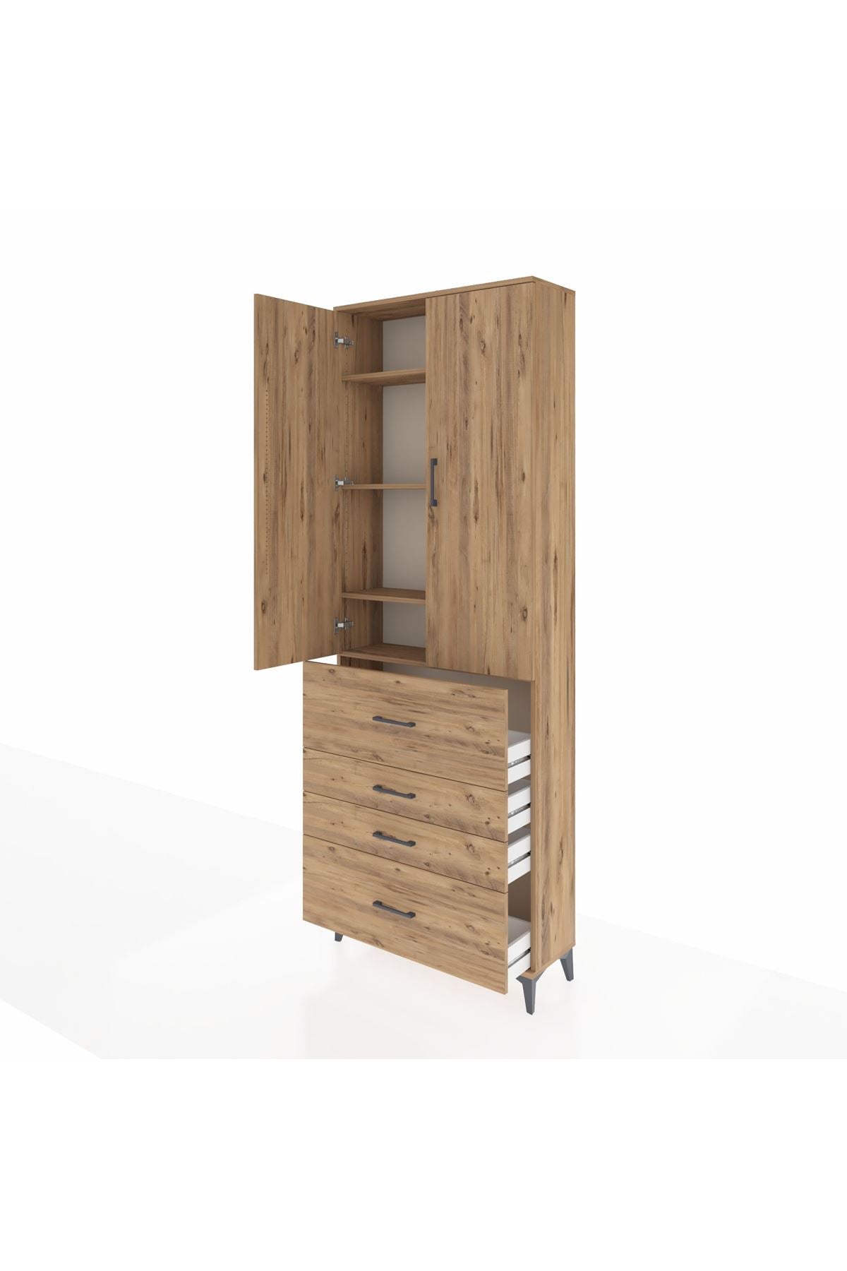 Arges Dolap 4 Raflı 4 Çekmeceli 2 Kapaklı 88x30x243 Çam-Çam