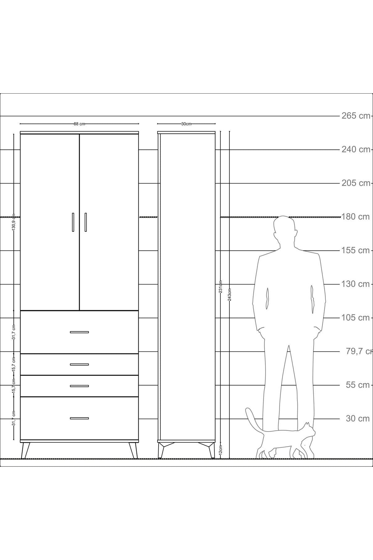 Arges Dolap 4 Raflı 4 Çekmeceli 2 Kapaklı 88x30x243 Çam-Çam