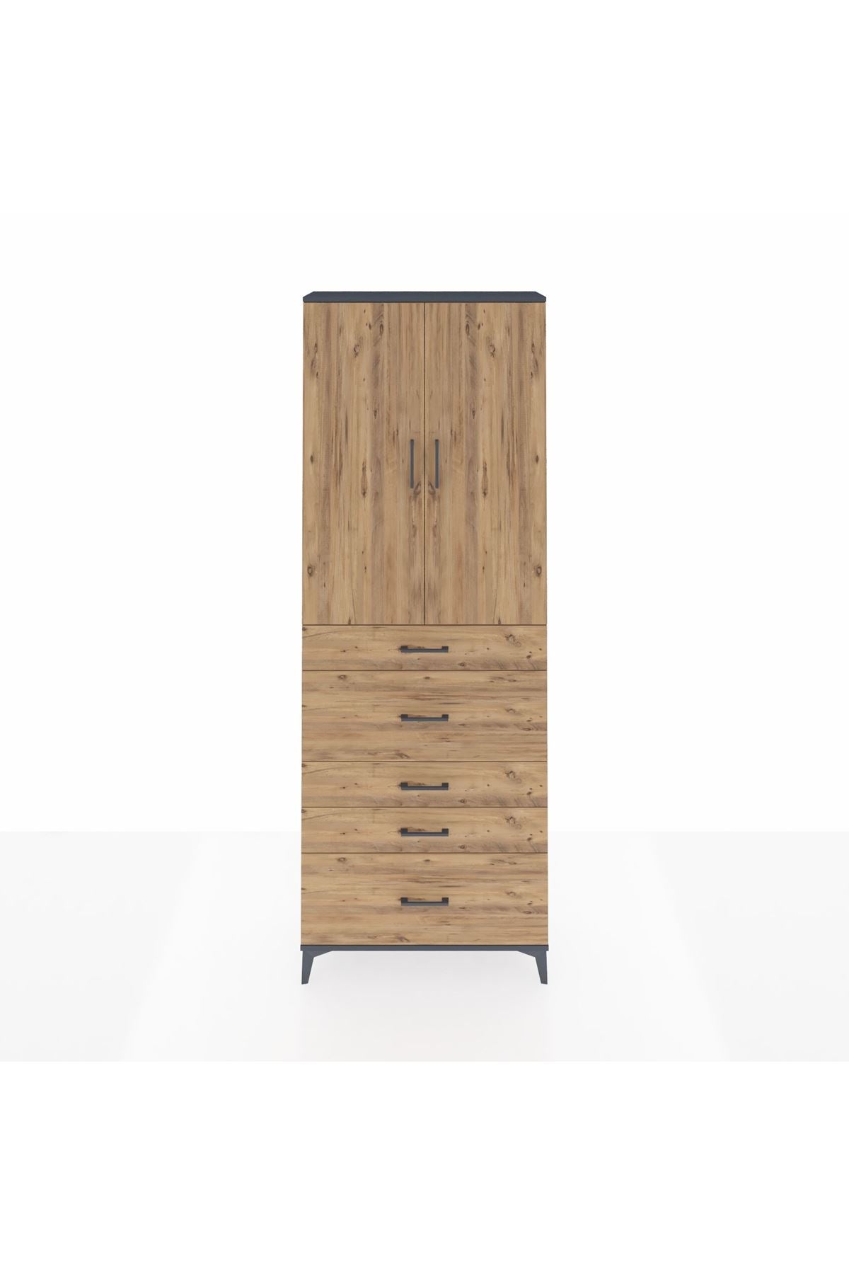 Arges Dolap 4 Raflı 5 Çekmeceli 2 Kapaklı 88x30x243 Antrasit-Çam