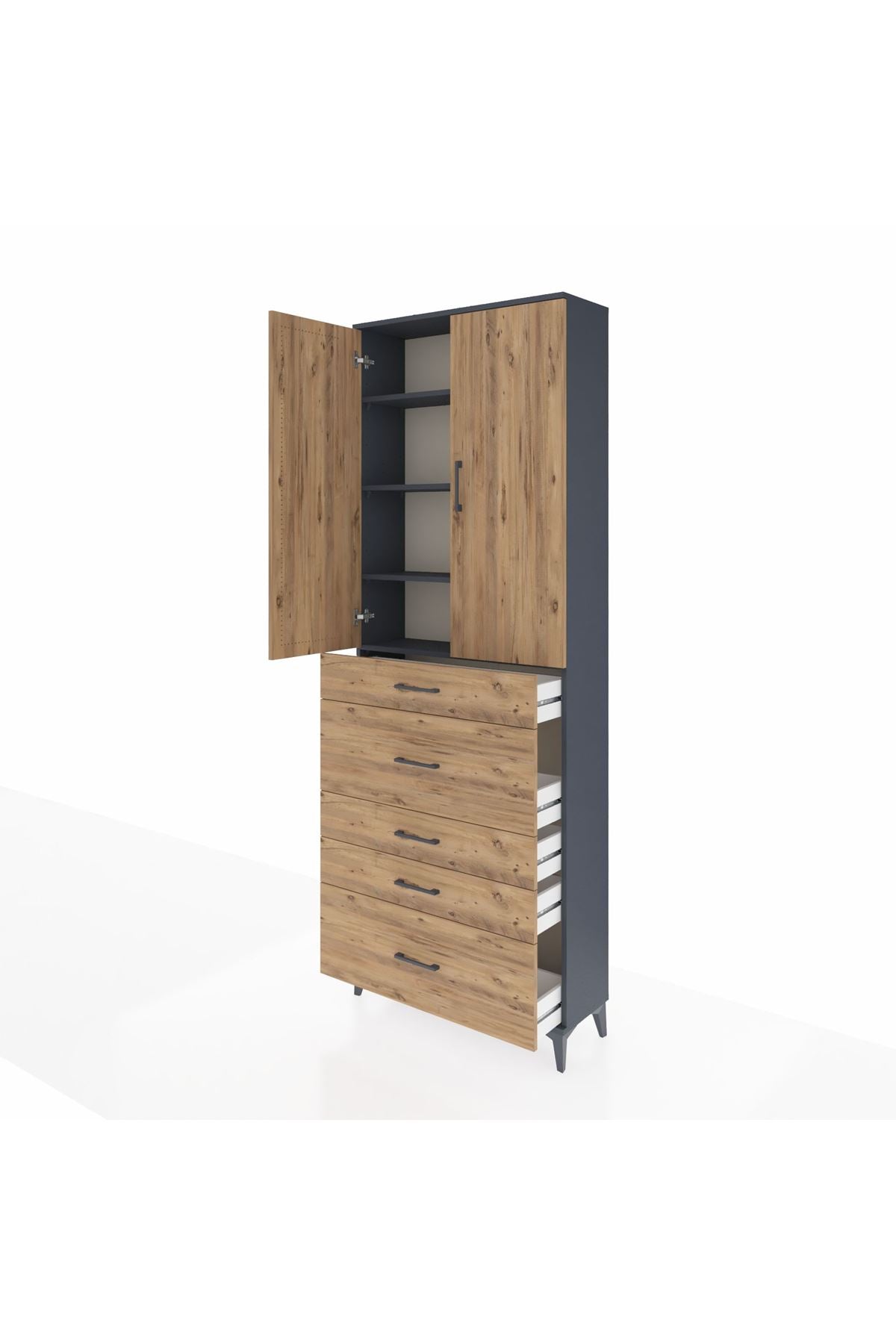 Arges Dolap 4 Raflı 5 Çekmeceli 2 Kapaklı 88x30x243 Antrasit-Çam