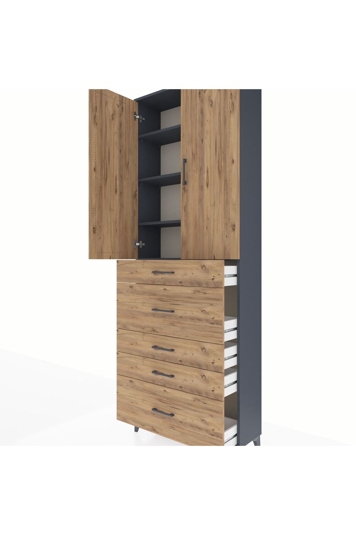 Arges Dolap 4 Raflı 5 Çekmeceli 2 Kapaklı 88x30x243 Antrasit-Çam