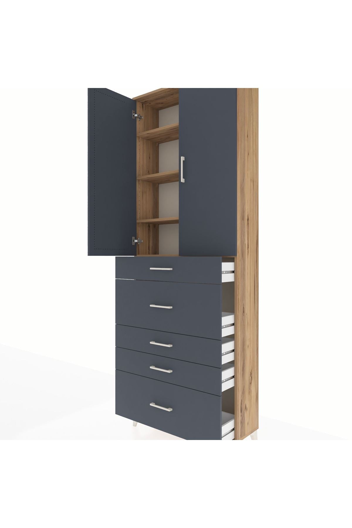 Arges Dolap 4 Raflı 5 Çekmeceli 2 Kapaklı 88x30x243 Çam-Antrasit
