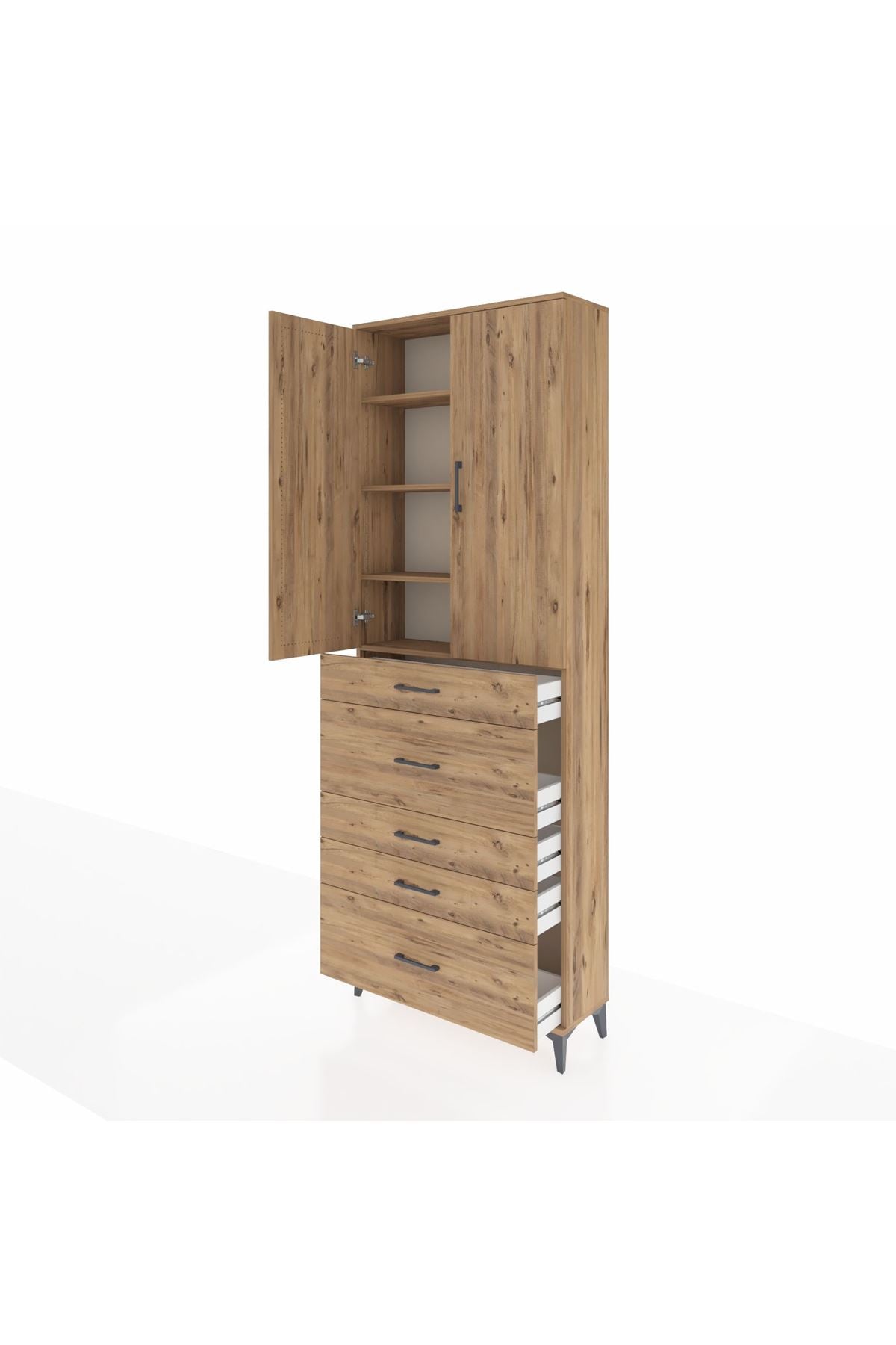 Arges Dolap 4 Raflı 5 Çekmeceli 2 Kapaklı 88x30x243 Çam-Çam