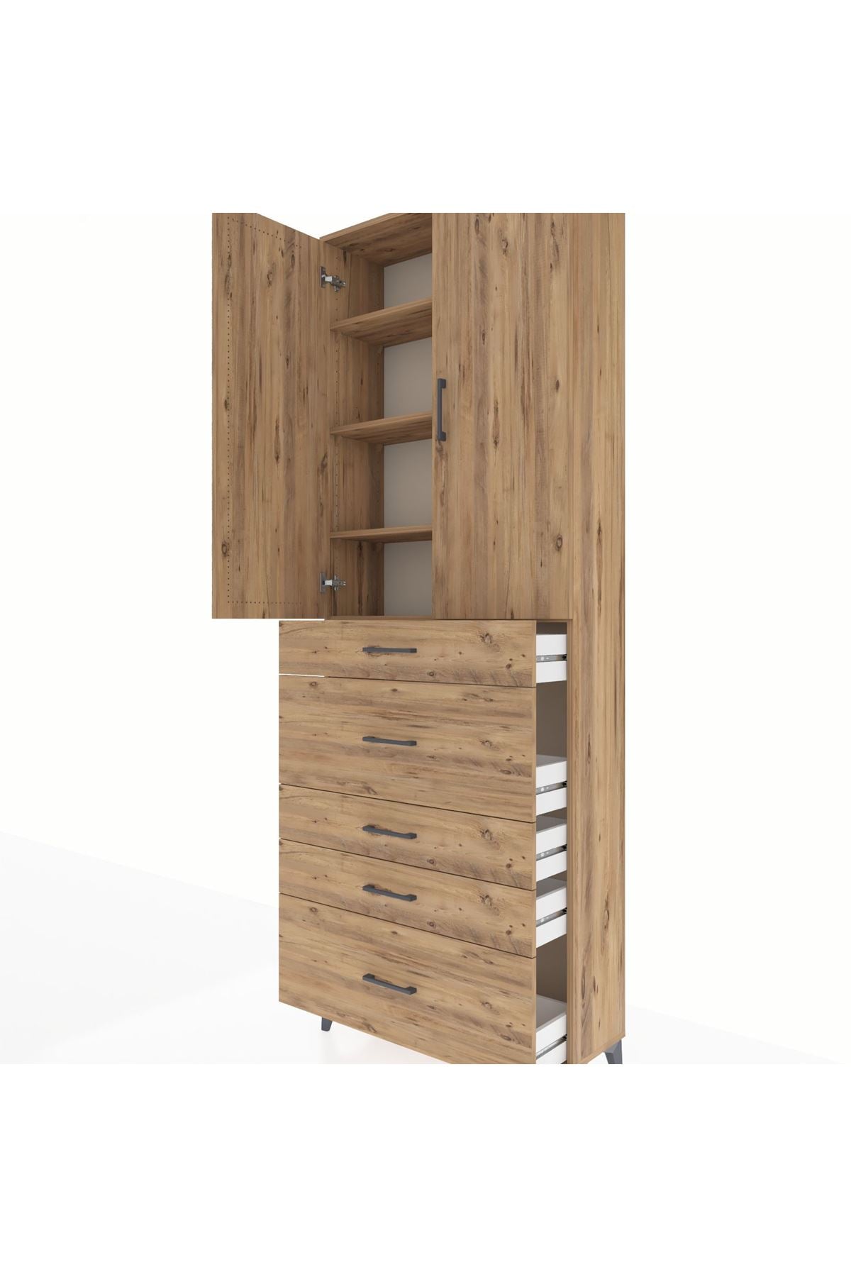 Arges Dolap 4 Raflı 5 Çekmeceli 2 Kapaklı 88x30x243 Çam-Çam