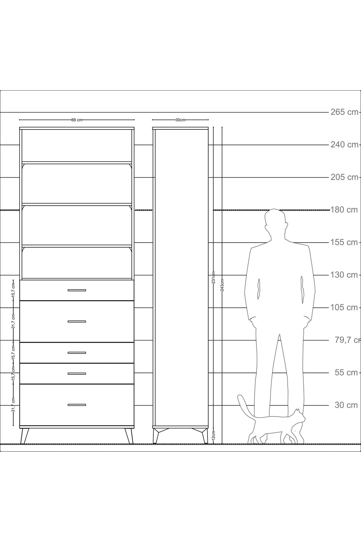 Arges Dolap 4 Raflı 5 Çekmeceli 88x30x243 Antrasit-Çam