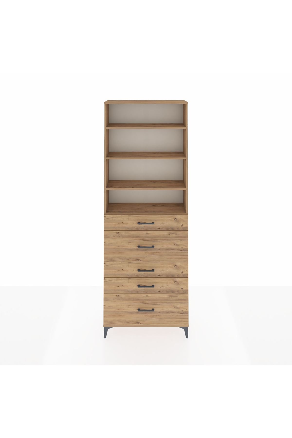 Arges Dolap 4 Raflı 5 Çekmeceli 88x30x243 Çam-Çam