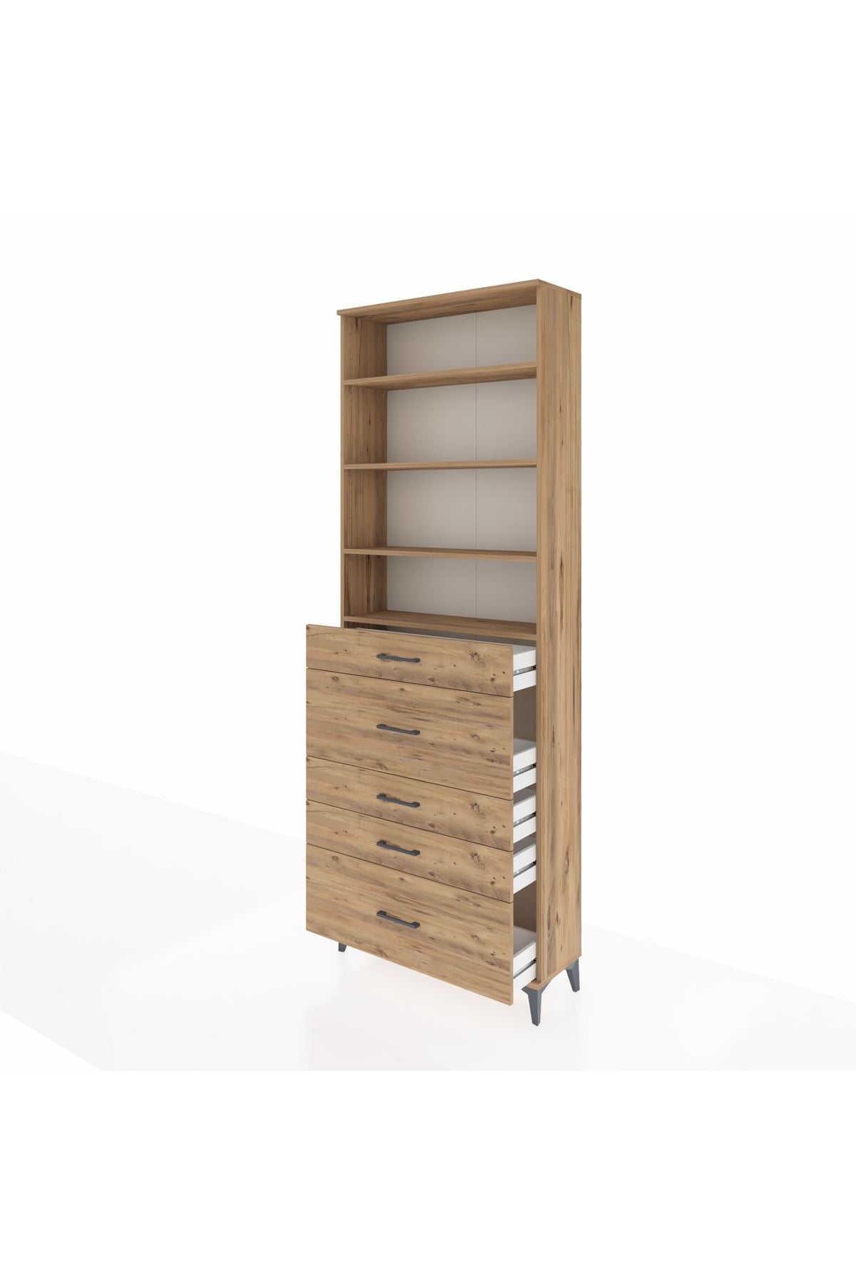 Arges Dolap 4 Raflı 5 Çekmeceli 88x30x243 Çam-Çam