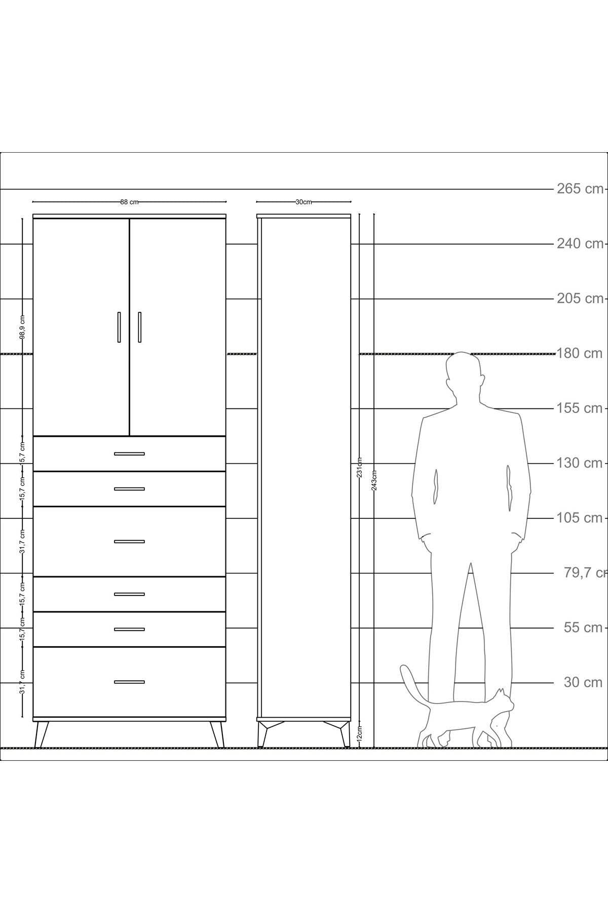 Arges Dolap 3 Raflı 6 Çekmeceli 2 Kapaklı 88x30x243 Aytaşı-Çam