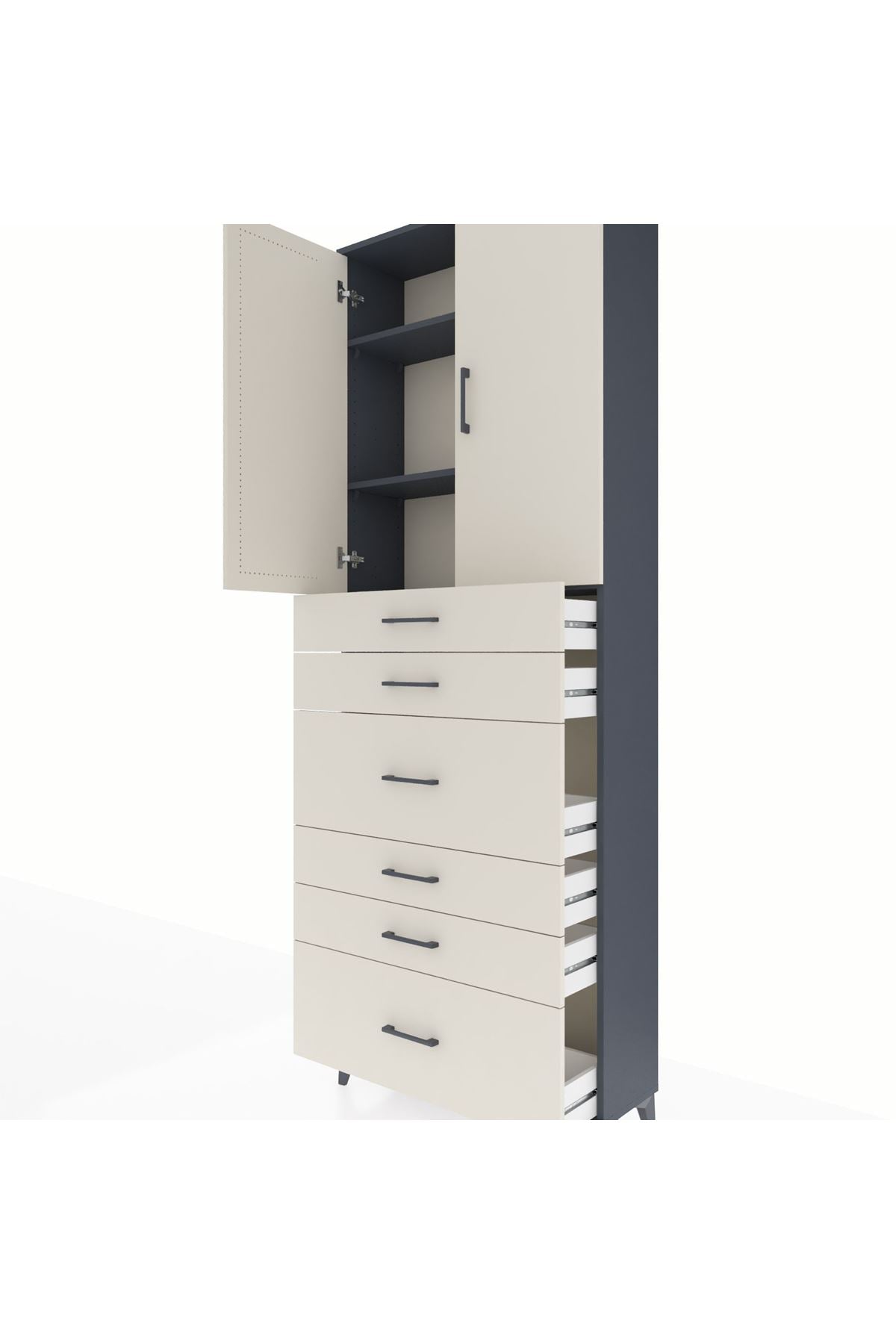 Arges Dolap 3 Raflı 6 Çekmeceli 2 Kapaklı 88x30x243 Antrasit-Aytaşı