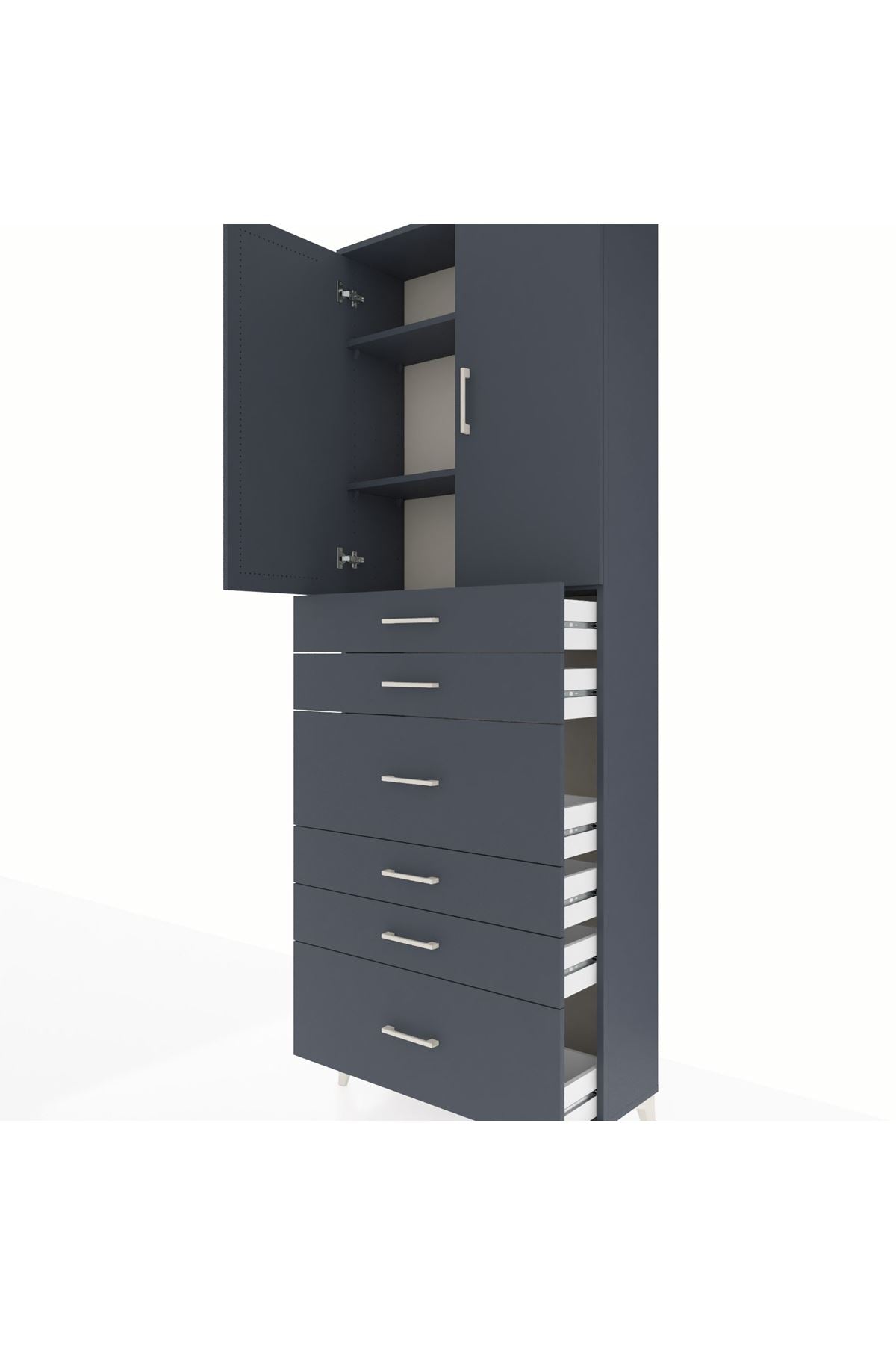 Arges Dolap 3 Raflı 6 Çekmeceli 2 Kapaklı 88x30x243 Antrasit-Antrasit