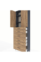 Arges Dolap 3 Raflı 6 Çekmeceli 2 Kapaklı 88x30x243 Antrasit-Çam