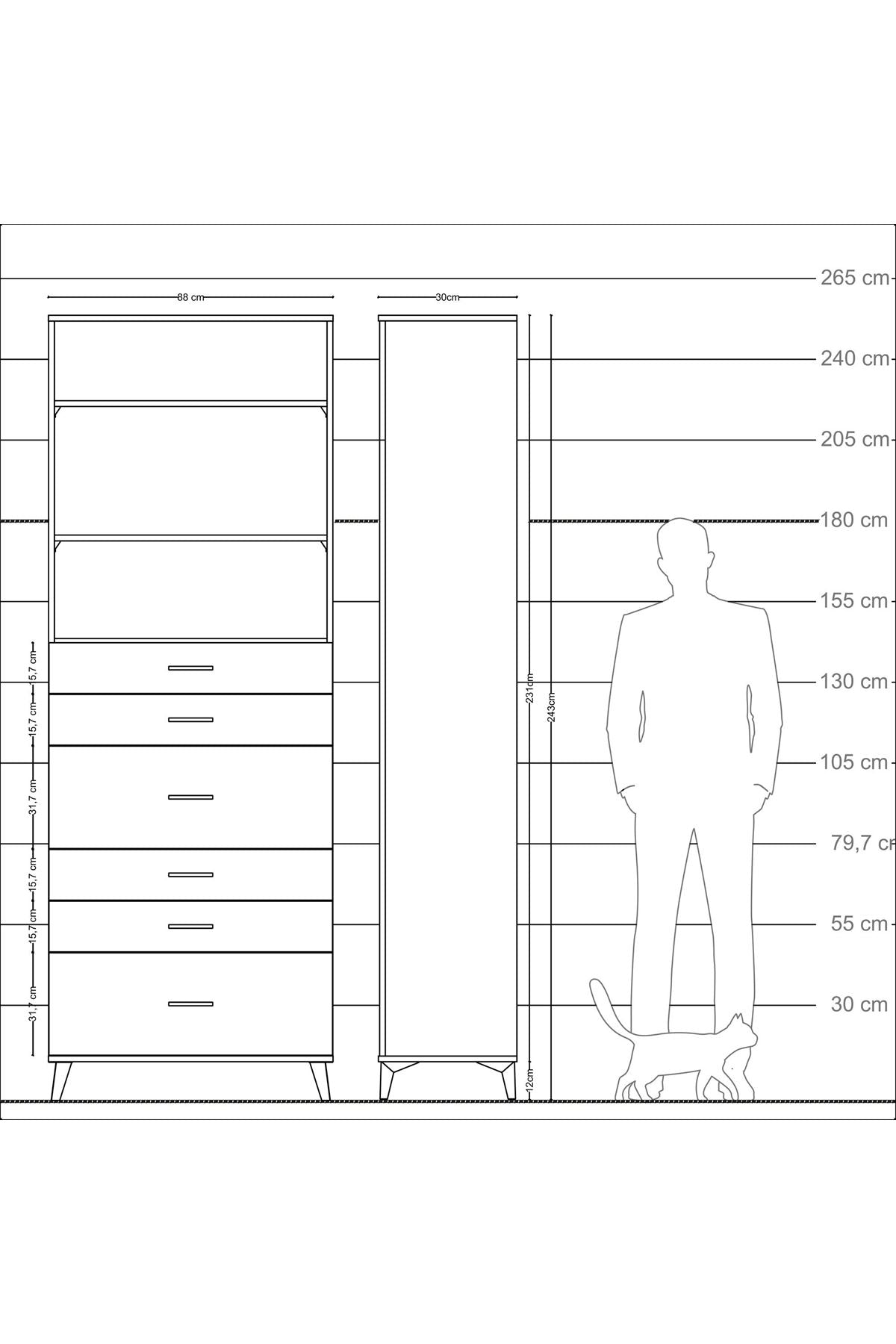 Arges Dolap 3 Raflı 6 Çekmeceli 88x30x243 Çam-Antrasit