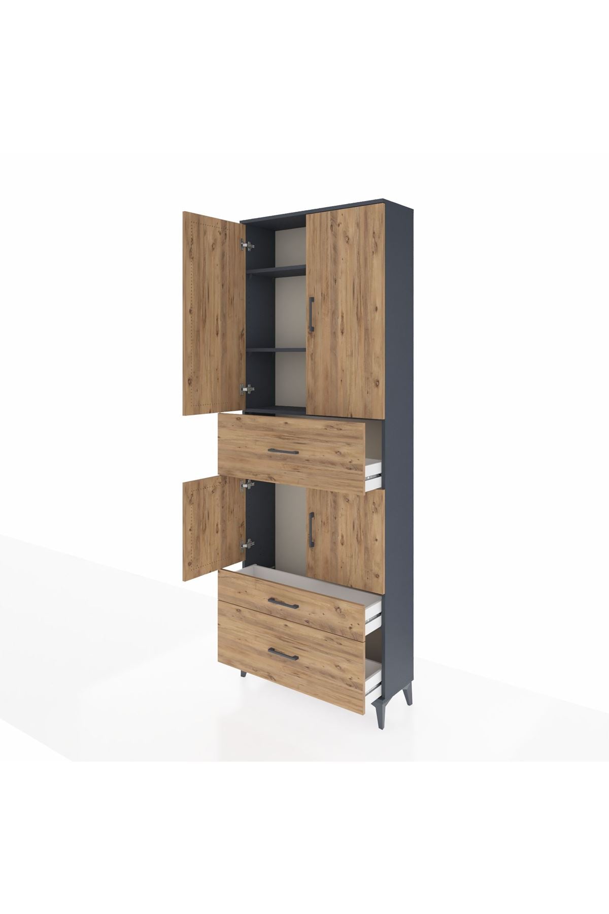 Arges Dolap 4 Raflı 3 Çekmeceli 4 Kapaklı 88x30x243 Antrasit-Çam