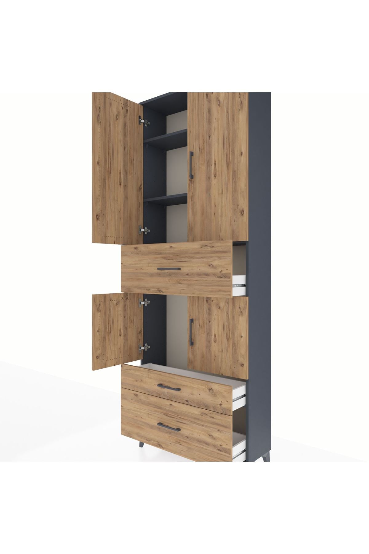 Arges Dolap 4 Raflı 3 Çekmeceli 4 Kapaklı 88x30x243 Antrasit-Çam