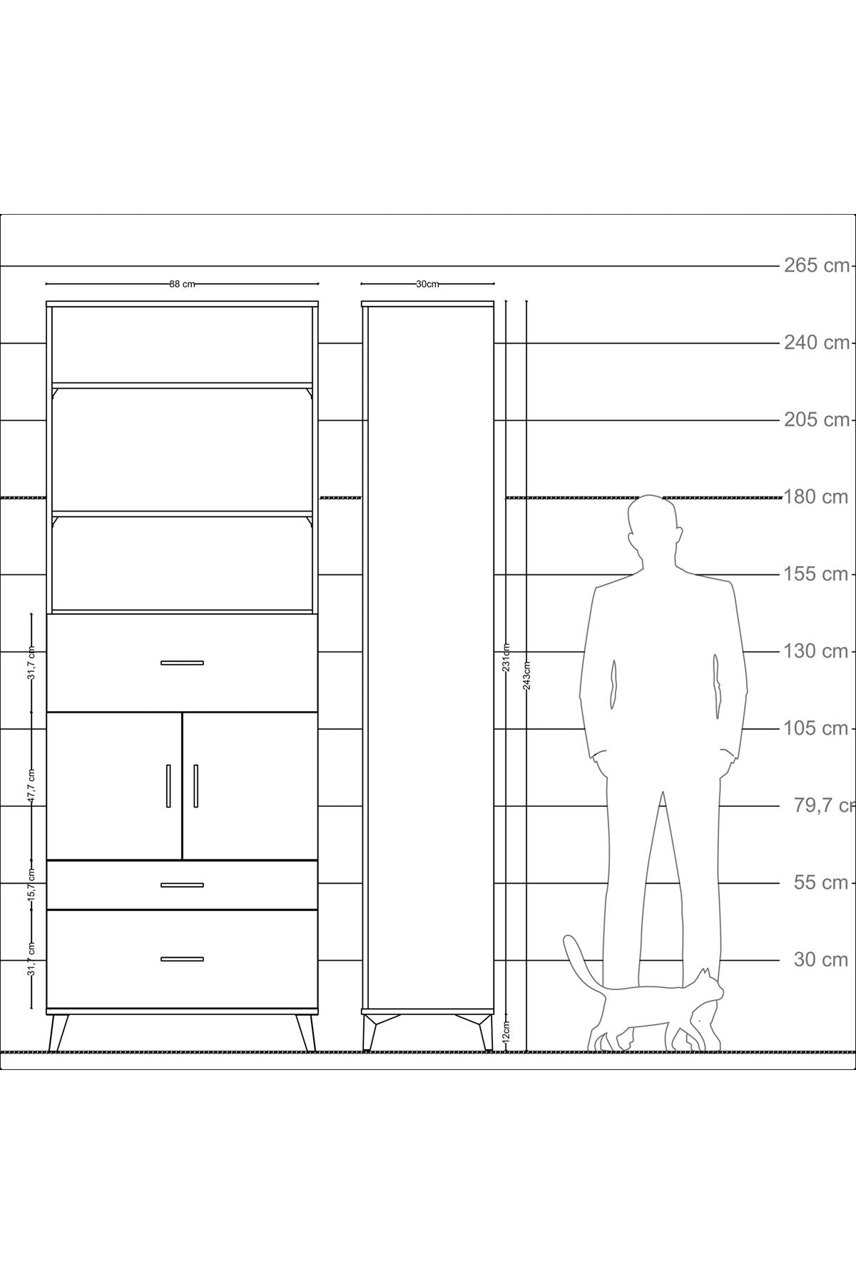 Arges Dolap 4 Raflı 3 Çekmeceli 2 Kapaklı 88x30x243 Antrasit-Çam