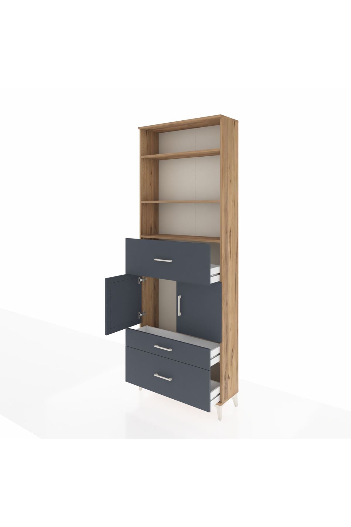 Arges Dolap 4 Raflı 3 Çekmeceli 2 Kapaklı 88x30x243 Çam-Antrasit