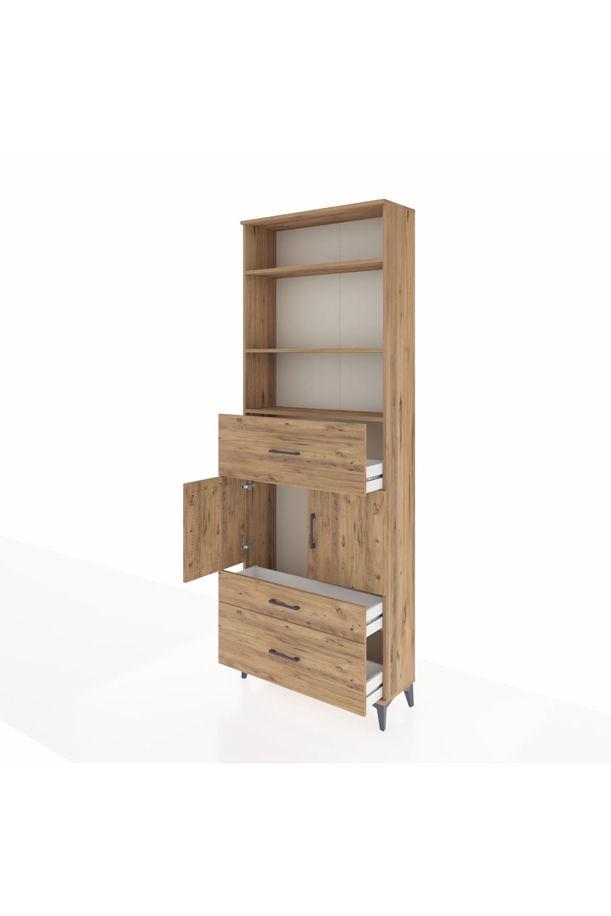 Arges Dolap 4 Raflı 3 Çekmeceli 2 Kapaklı 88x30x243 Çam-Çam