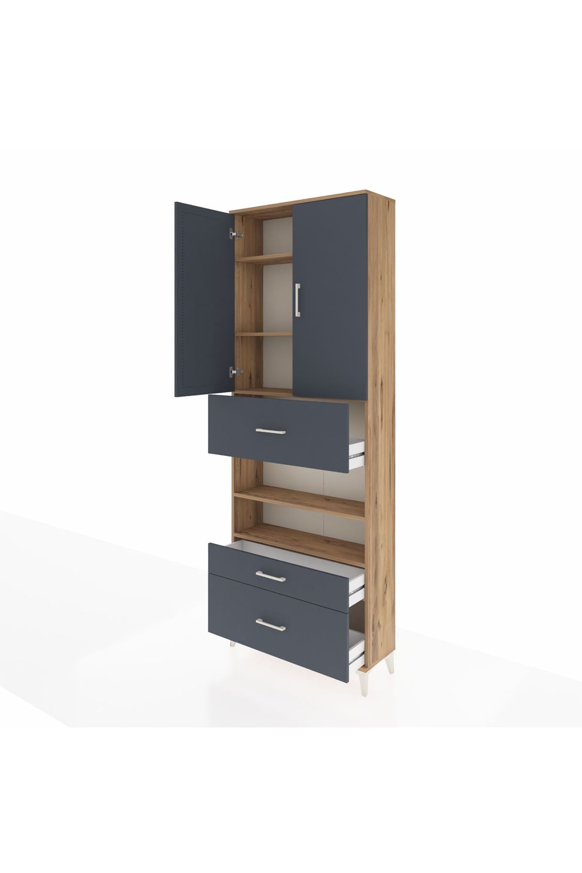 Arges Dolap 5 Raflı 3 Çekmeceli 2 Kapaklı 88x30x243 Çam-Antrasit