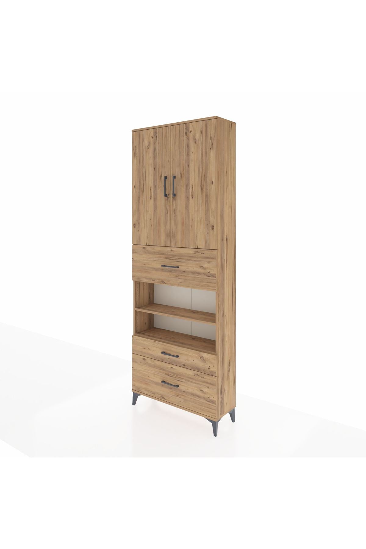 Arges Dolap 5 Raflı 3 Çekmeceli 2 Kapaklı 88x30x243 Çam-Çam