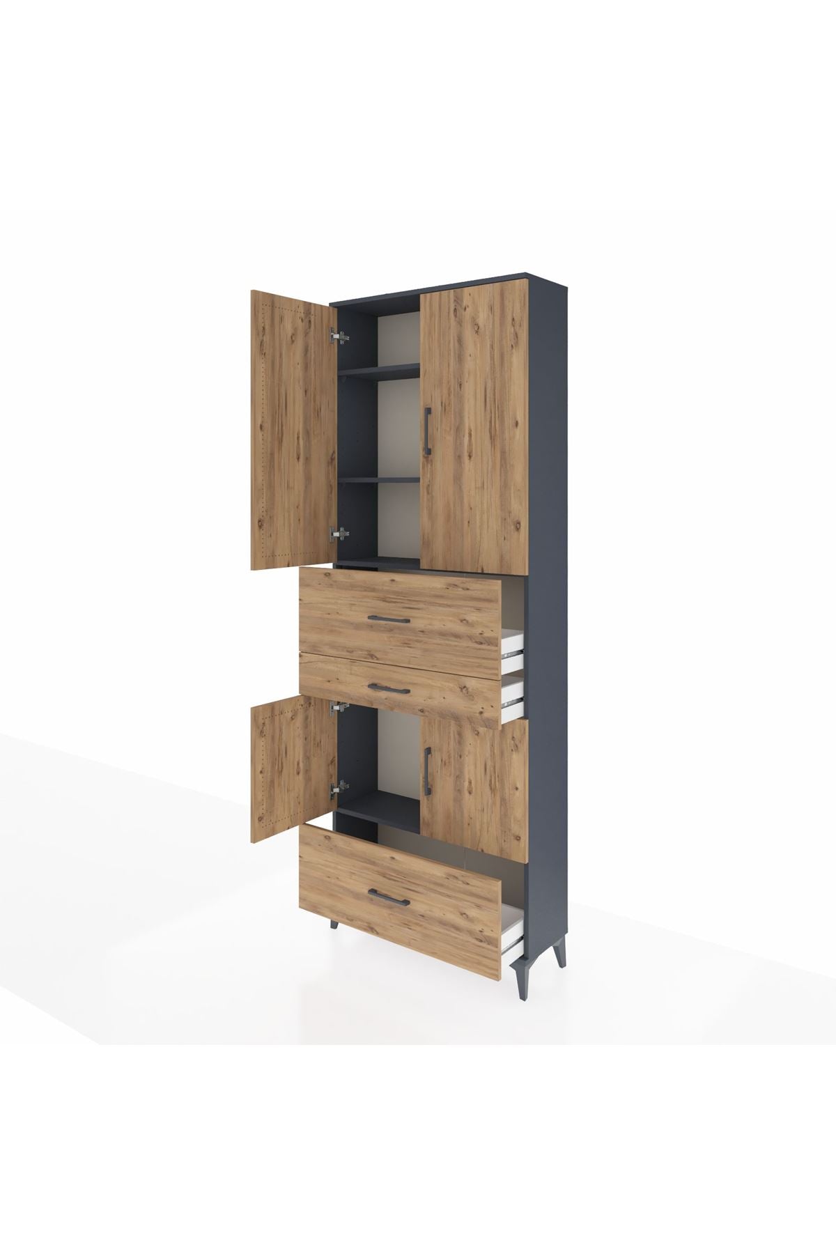 Arges Dolap 4 Raflı 3 Çekmeceli 4 Kapaklı 88x30x243 Antrasit-Çam