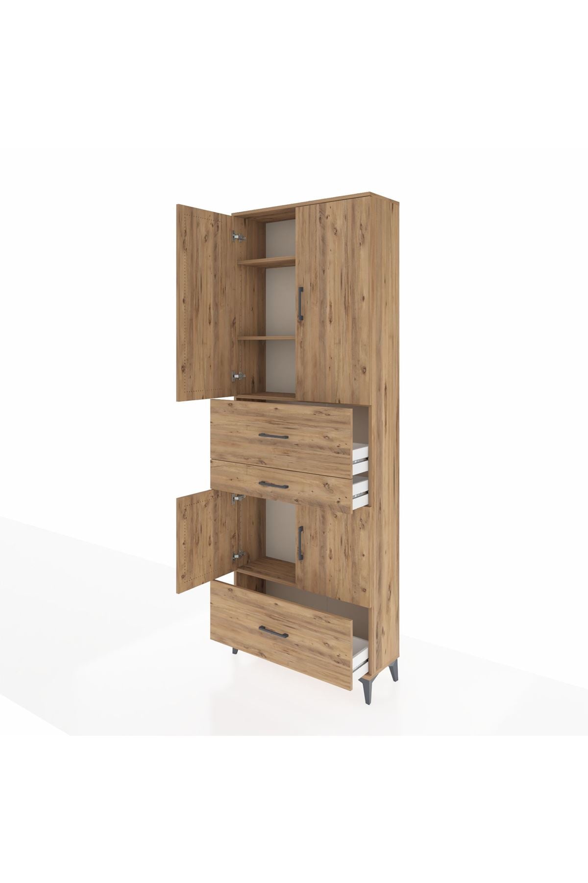 Arges Dolap 4 Raflı 3 Çekmeceli 4 Kapaklı 88x30x243 Çam-Çam