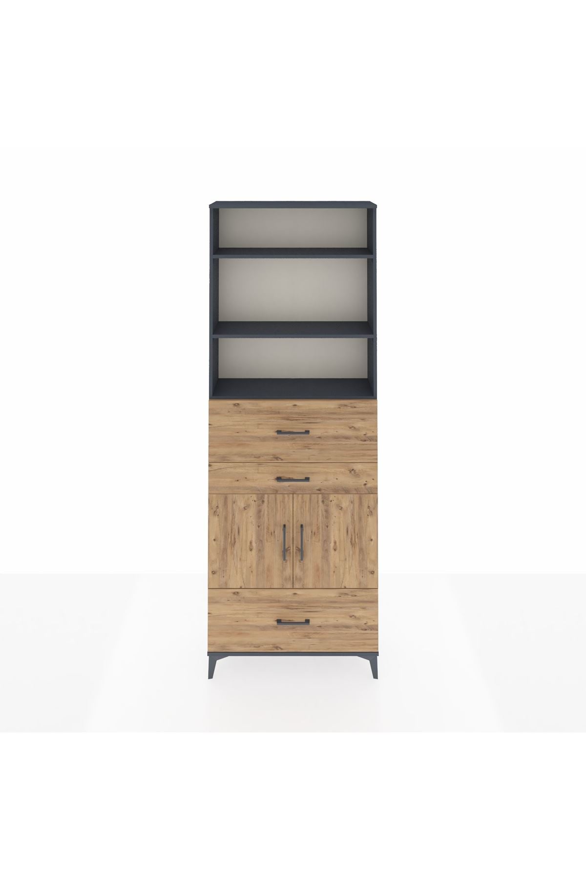 Arges Dolap 4 Raflı 3 Çekmeceli 2 Kapaklı 88x30x243 Antrasit-Çam