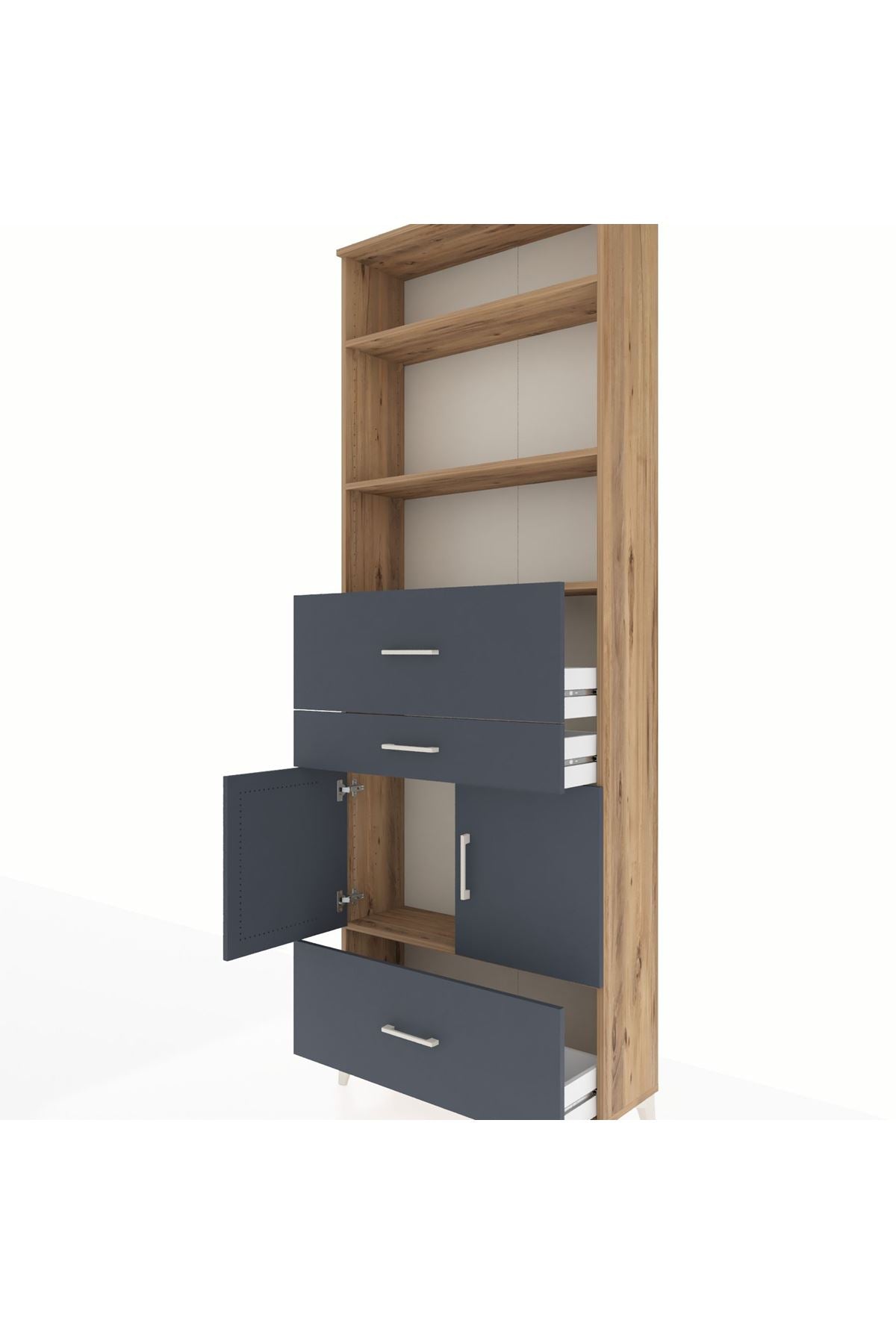 Arges Dolap 4 Raflı 3 Çekmeceli 2 Kapaklı 88x30x243 Çam-Antrasit