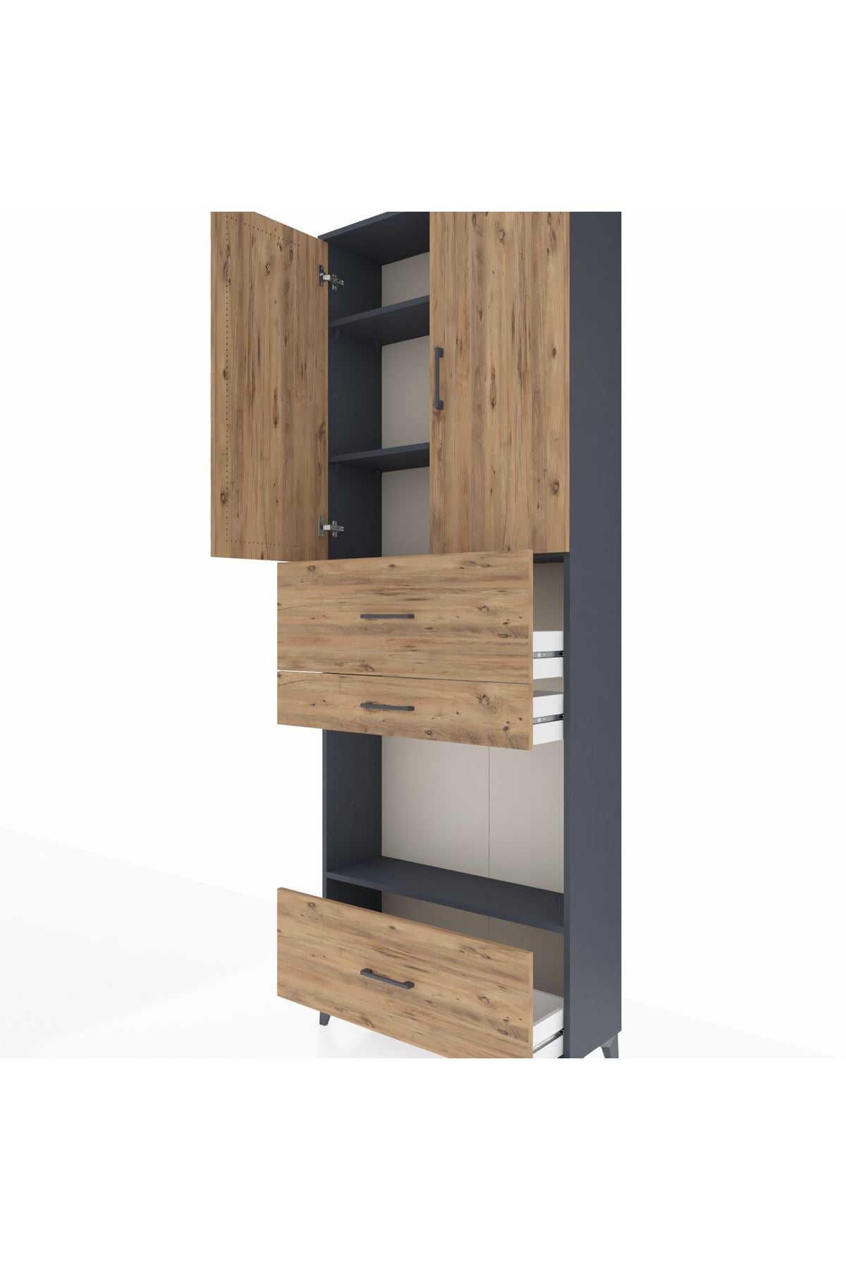 Arges Dolap 4 Raflı 3 Çekmeceli 2 Kapaklı 88x30x243 Antrasit-Çam