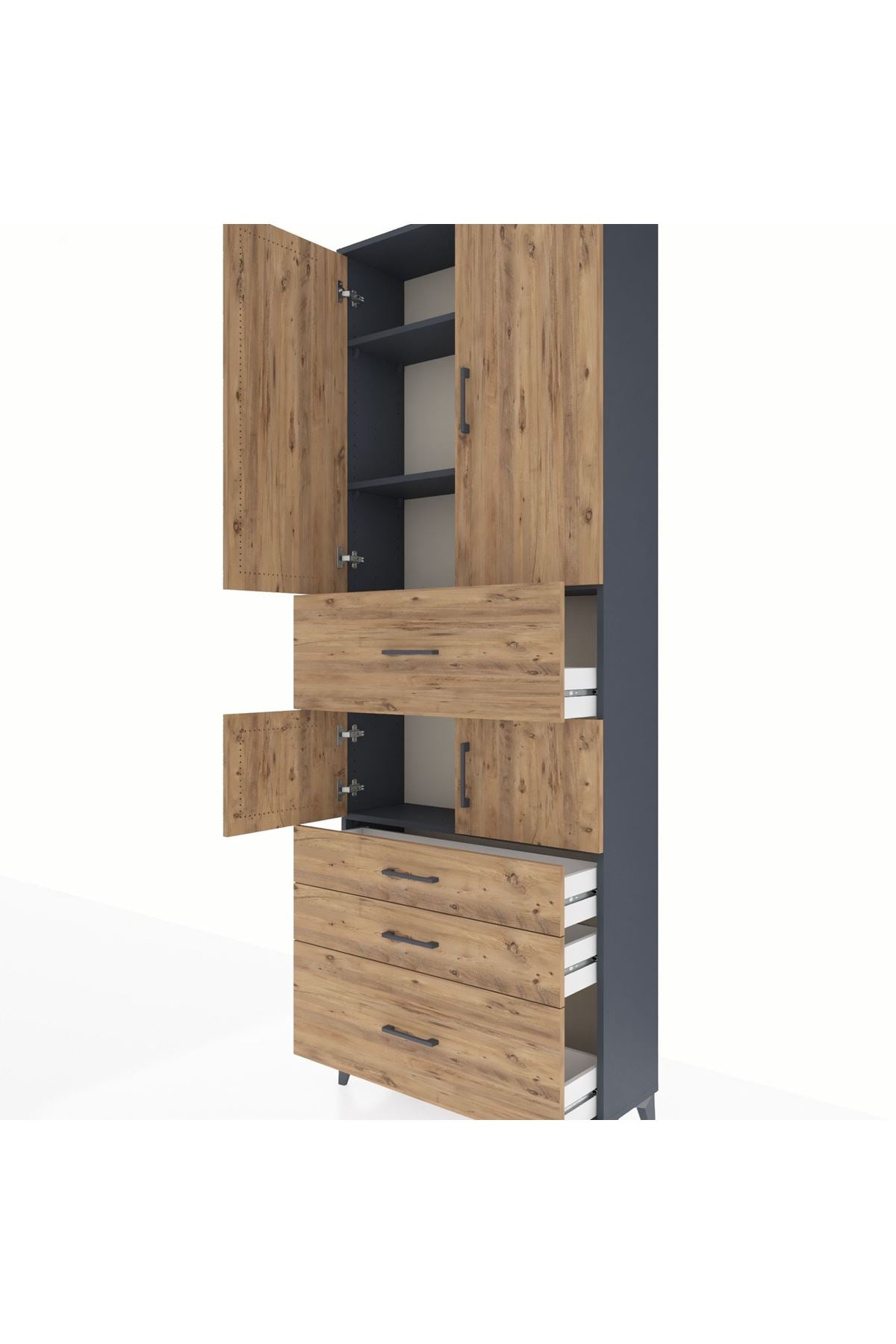 Arges Dolap 4 Raflı 4 Çekmeceli 4 Kapaklı 88x30x243 Antrasit-Çam