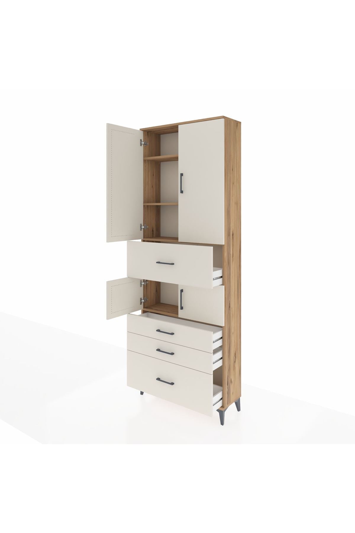 Arges Dolap 4 Raflı 4 Çekmeceli 4 Kapaklı 88x30x243 Çam-Aytaşı