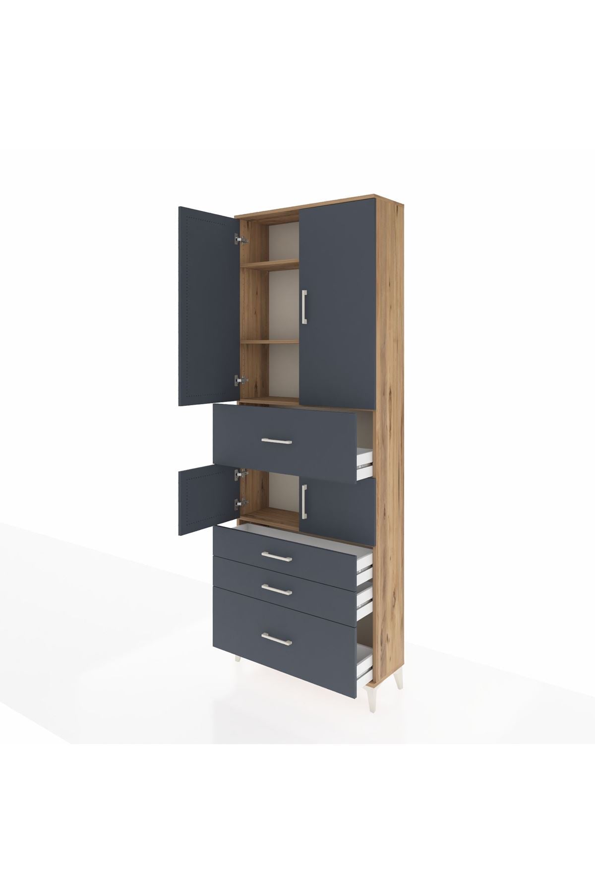 Arges Dolap 4 Raflı 4 Çekmeceli 4 Kapaklı 88x30x243 Çam-Antrasit