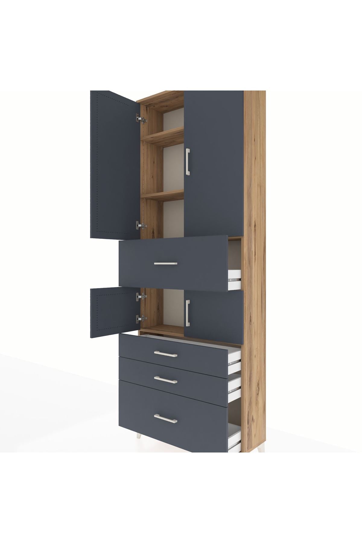 Arges Dolap 4 Raflı 4 Çekmeceli 4 Kapaklı 88x30x243 Çam-Antrasit