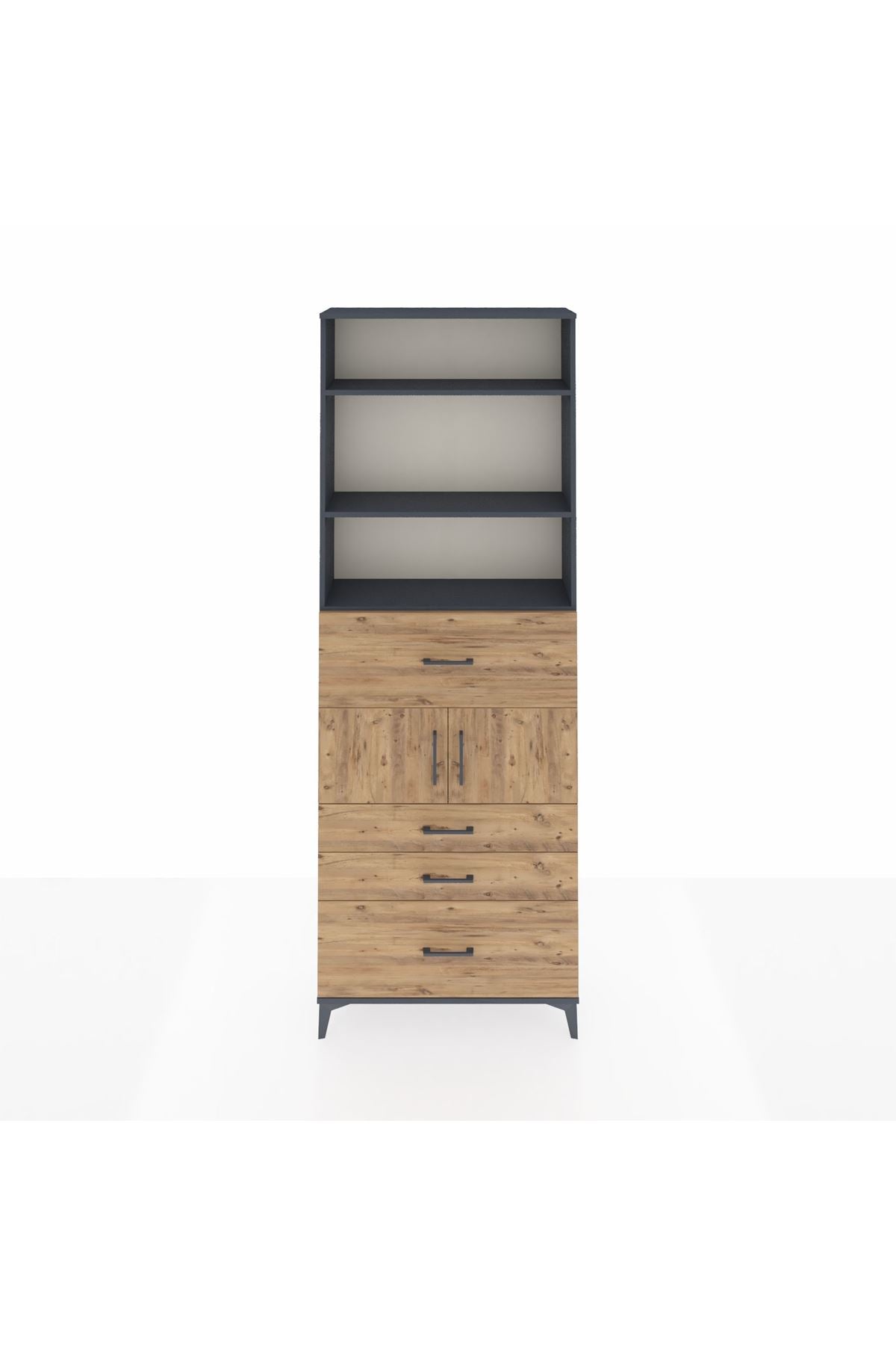 Arges Dolap 4 Raflı 4 Çekmeceli 2 Kapaklı 88x30x243 Antrasit-Çam