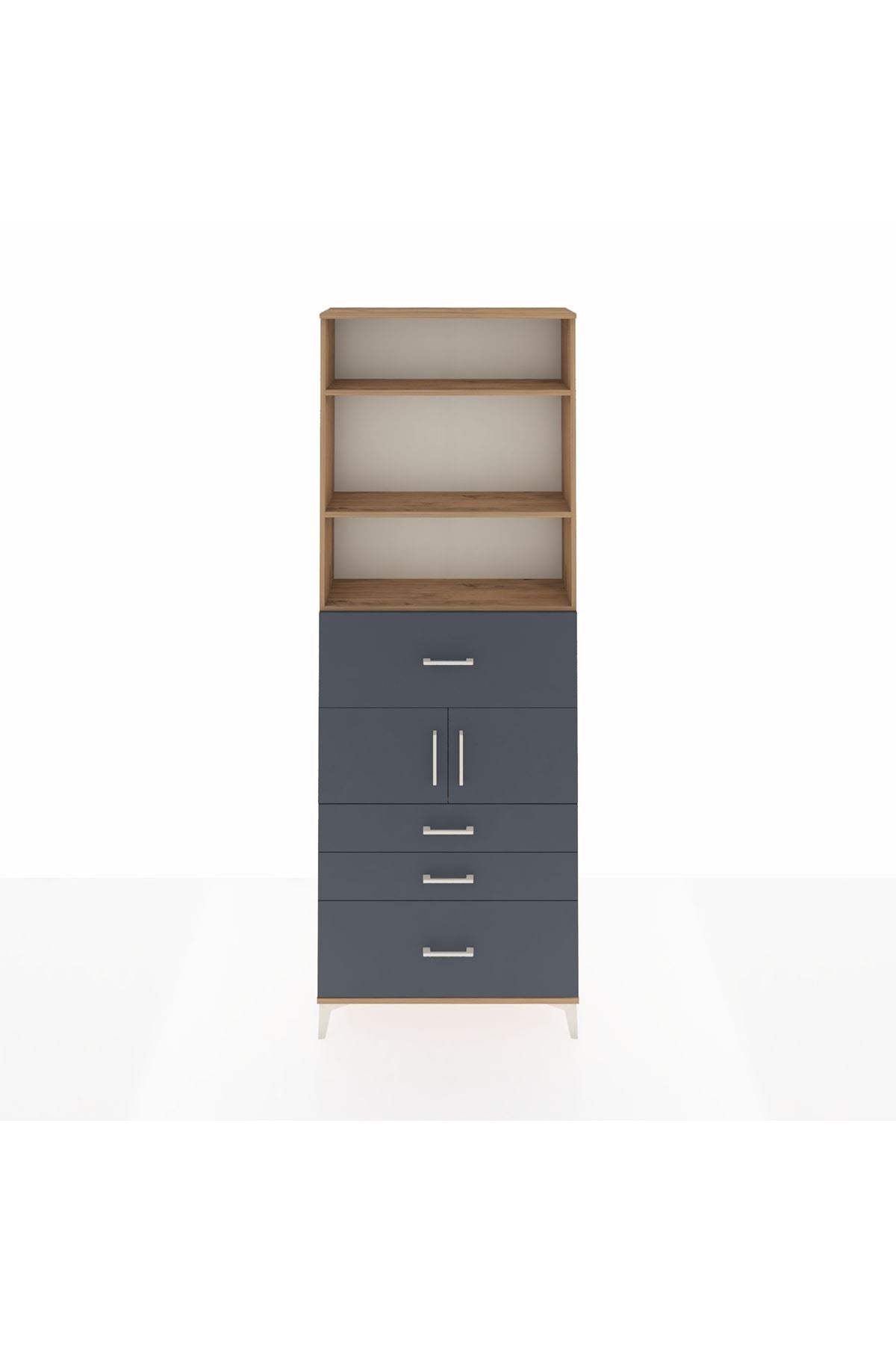 Arges Dolap 4 Raflı 4 Çekmeceli 2 Kapaklı 88x30x243 Çam-Antrasit