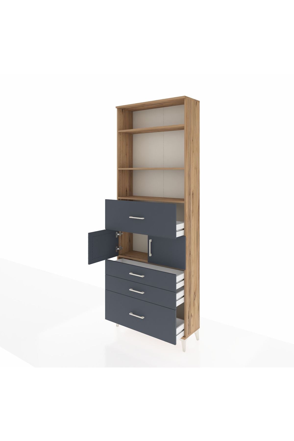 Arges Dolap 4 Raflı 4 Çekmeceli 2 Kapaklı 88x30x243 Çam-Antrasit