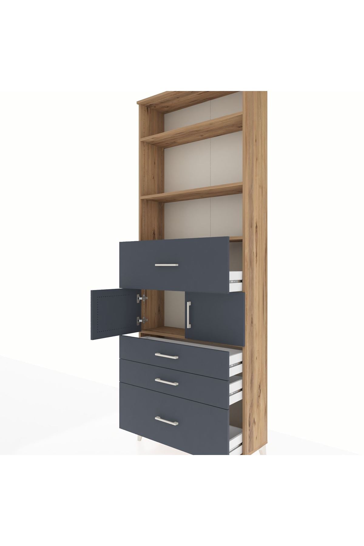 Arges Dolap 4 Raflı 4 Çekmeceli 2 Kapaklı 88x30x243 Çam-Antrasit