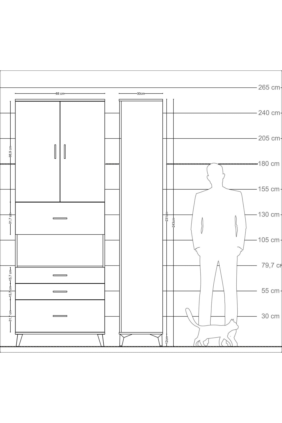 Arges Dolap 4 Raflı 4 Çekmeceli 2 Kapaklı 88x30x243 Antrasit-Çam