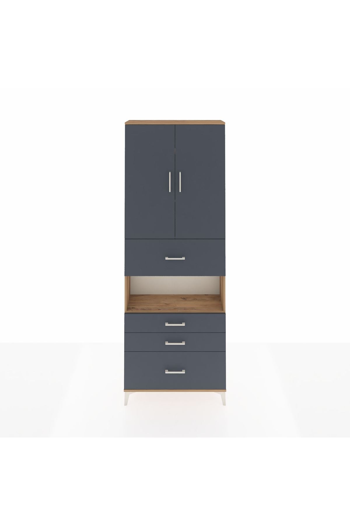 Arges Dolap 4 Raflı 4 Çekmeceli 2 Kapaklı 88x30x243 Çam-Antrasit