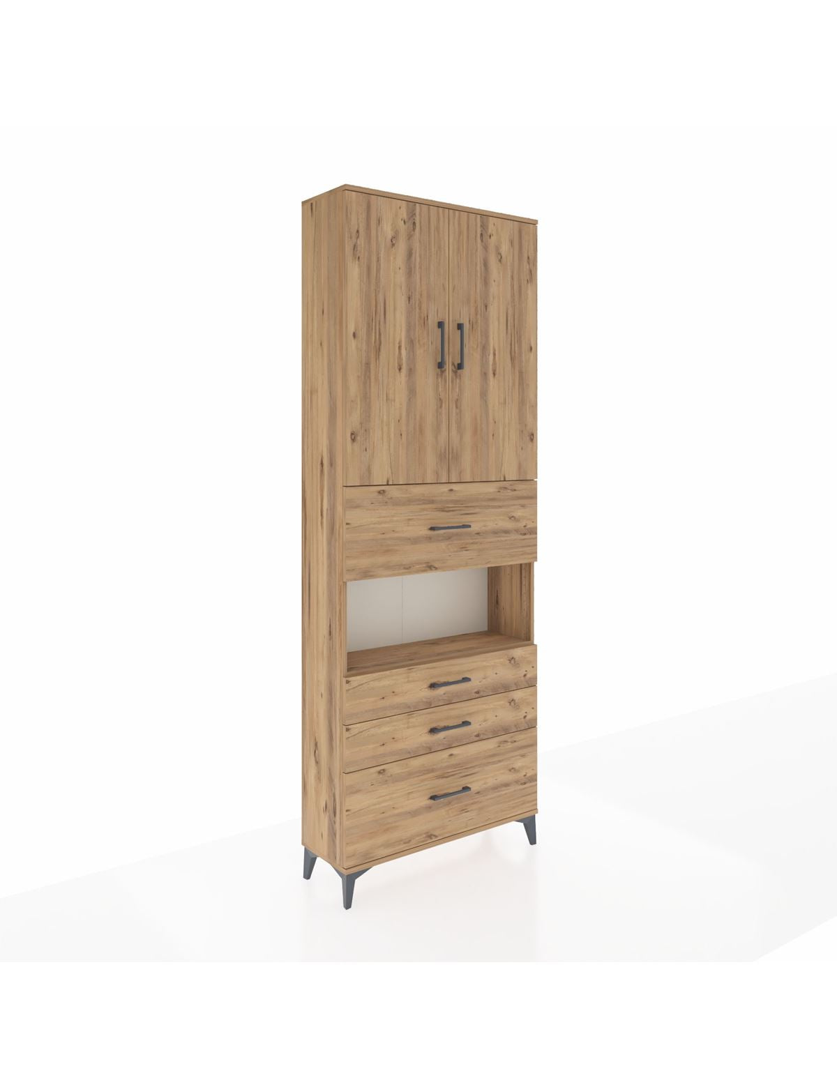 Arges Dolap 4 Raflı 4 Çekmeceli 2 Kapaklı 88x30x243 Çam-Çam