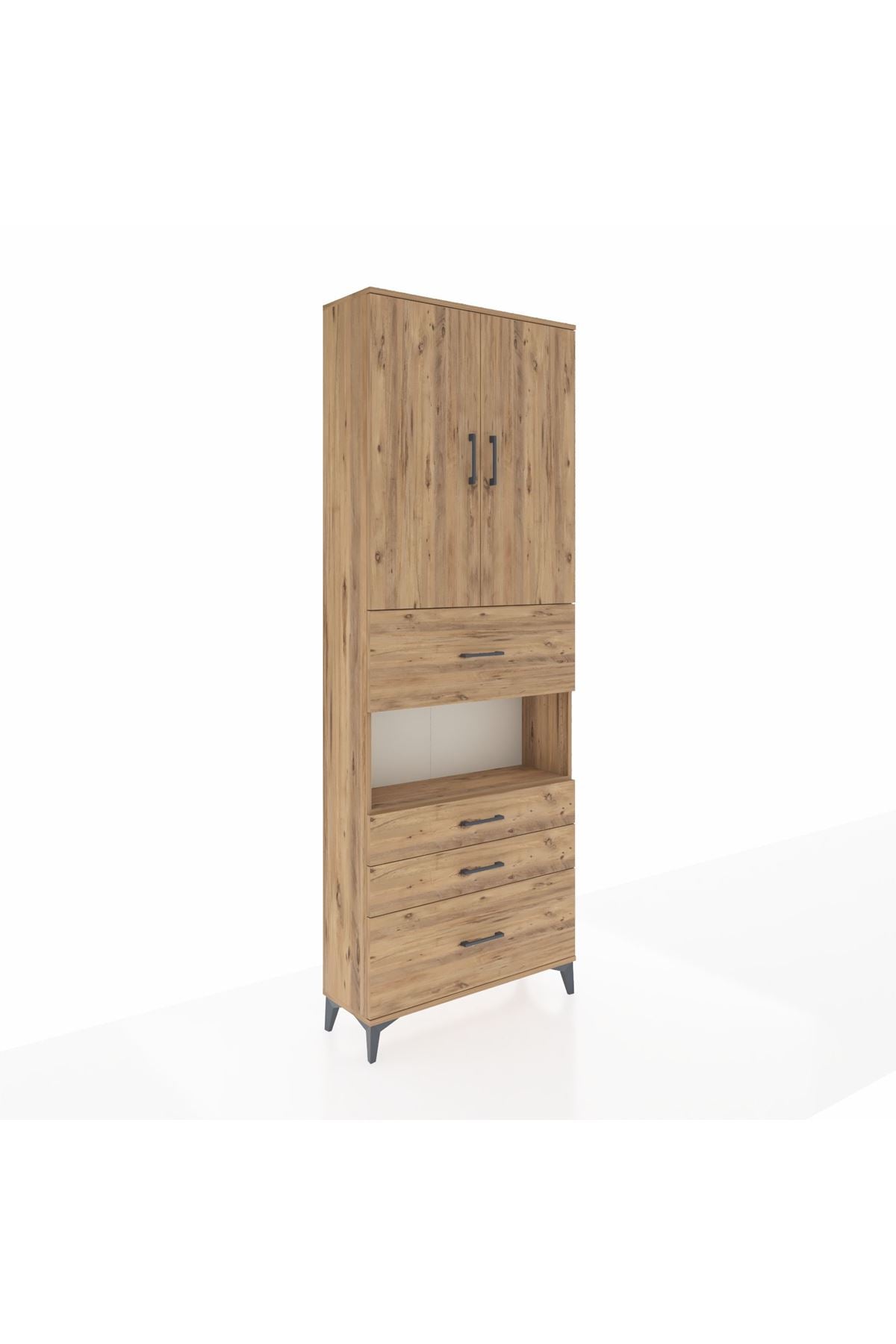 Arges Dolap 4 Raflı 4 Çekmeceli 2 Kapaklı 88x30x243 Çam-Çam