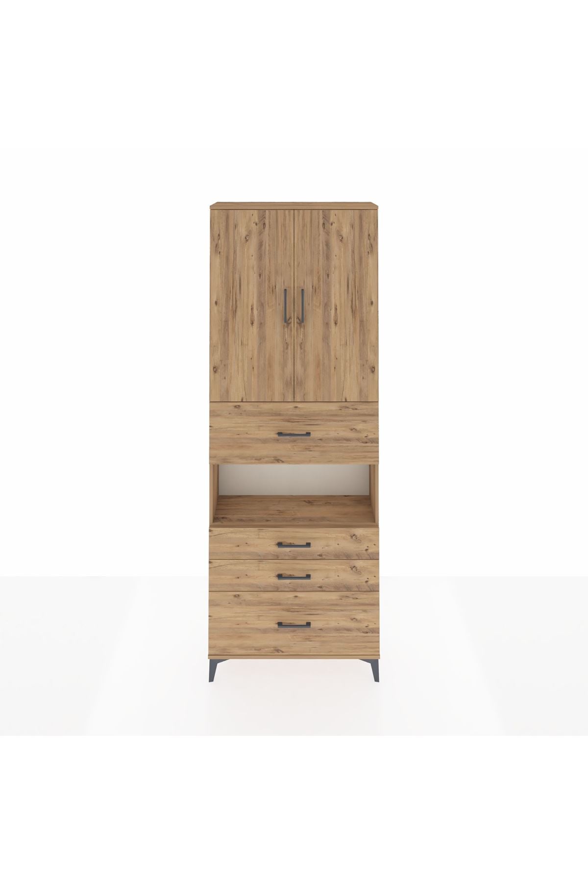 Arges Dolap 4 Raflı 4 Çekmeceli 2 Kapaklı 88x30x243 Çam-Çam