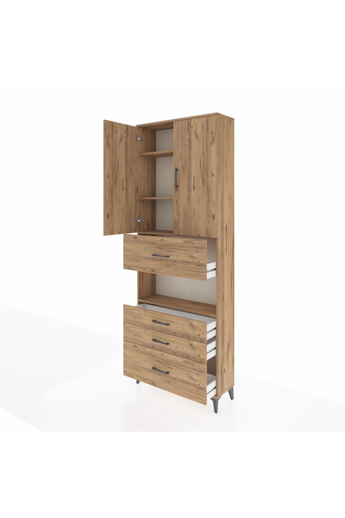 Arges Dolap 4 Raflı 4 Çekmeceli 2 Kapaklı 88x30x243 Çam-Çam