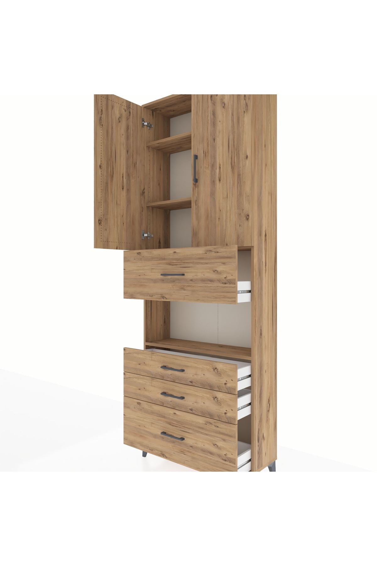 Arges Dolap 4 Raflı 4 Çekmeceli 2 Kapaklı 88x30x243 Çam-Çam