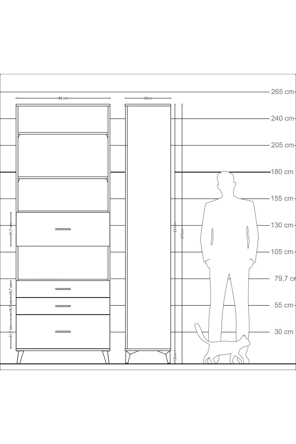 Arges Dolap 4 Raflı 4 Çekmeceli 88x30x243 Çam-Çam