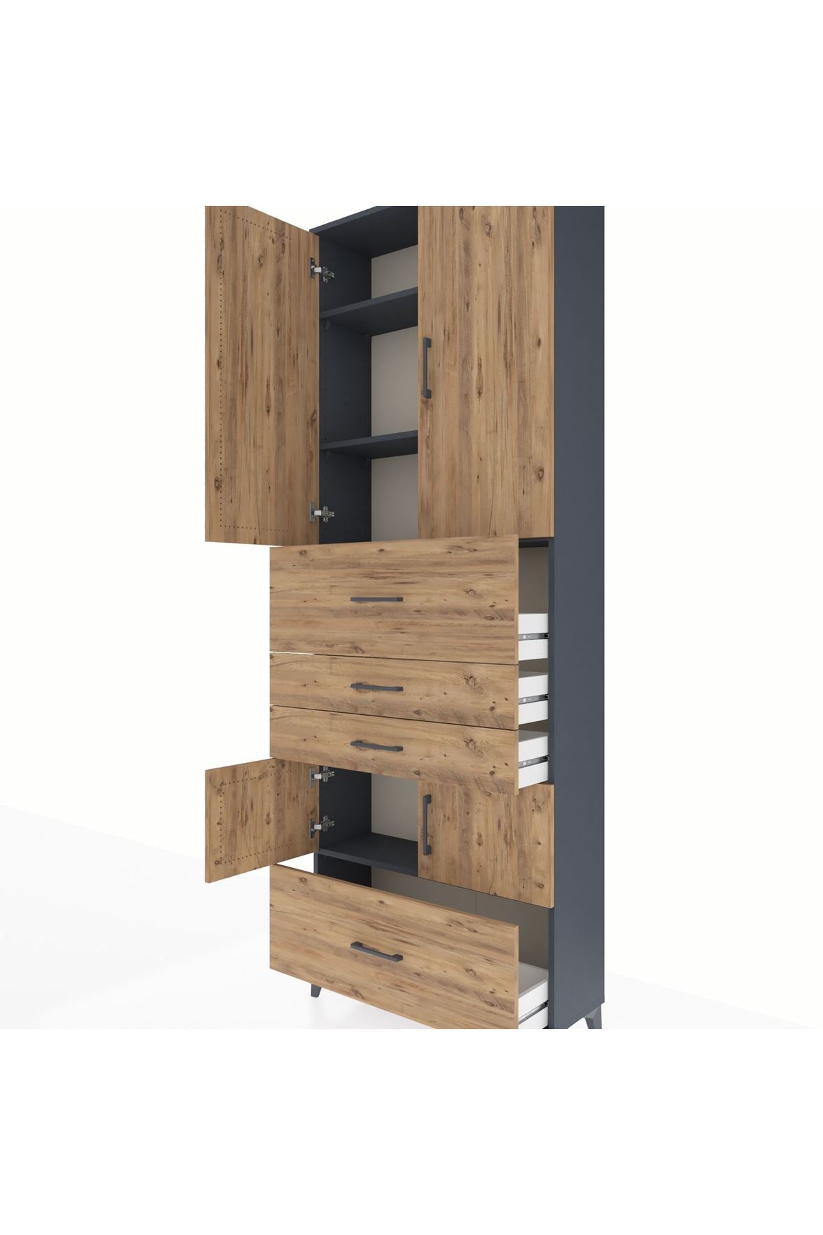 Arges Dolap 4 Raflı 4 Çekmeceli 4 Kapaklı 88x30x243 Antrasit-Çam