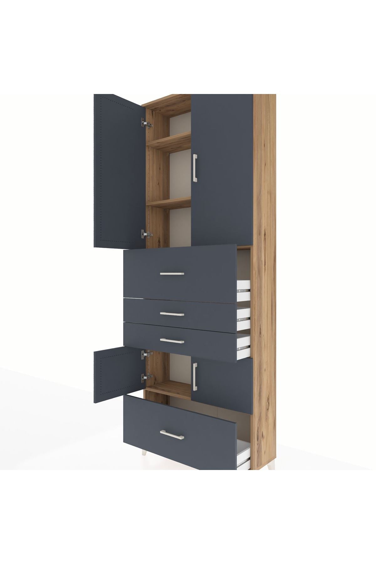 Arges Dolap 4 Raflı 4 Çekmeceli 4 Kapaklı 88x30x243 Çam-Antrasit